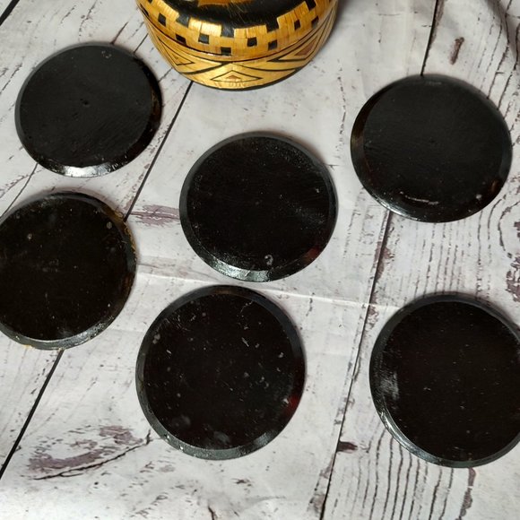 Japan Asian Wood Carved Coasters With Storage Box - Picture 9 of 14